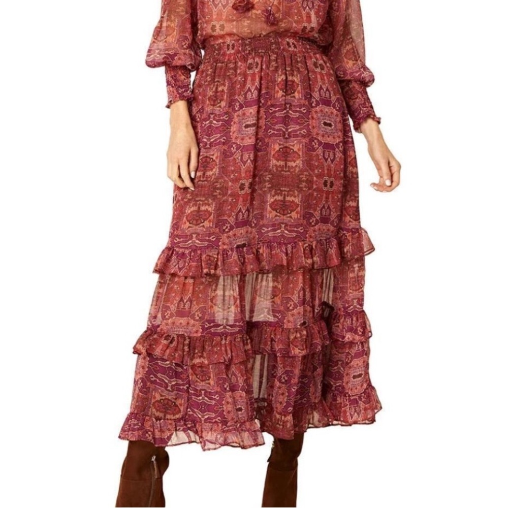 MISA Emanuela Septima Tapestry Burgundy Ruffle Maxi Skirt Size M